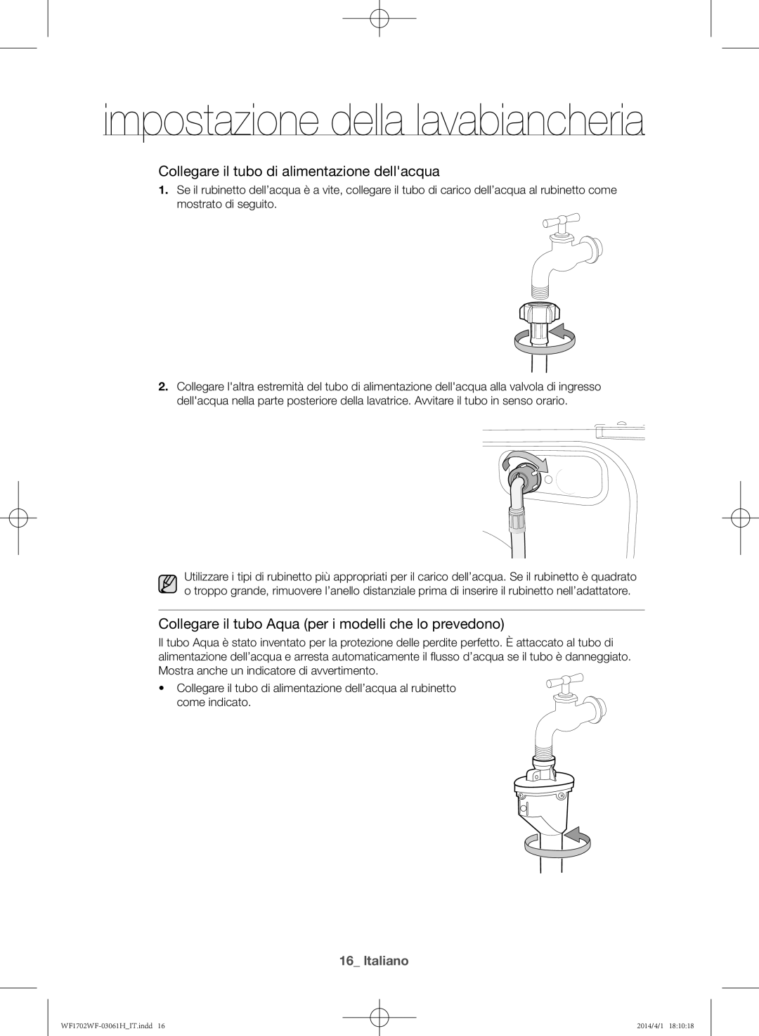 Samsung WF1702WFWS/XET manual Collegare il tubo di alimentazione dellacqua 