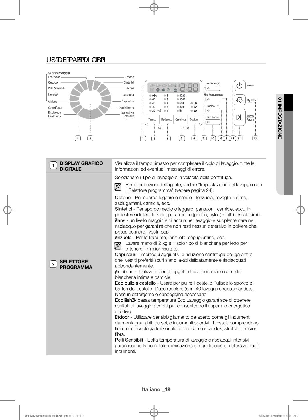 Samsung WF1702WFWS/XET manual Uso del pannello di controllo, Selettore, Programma 