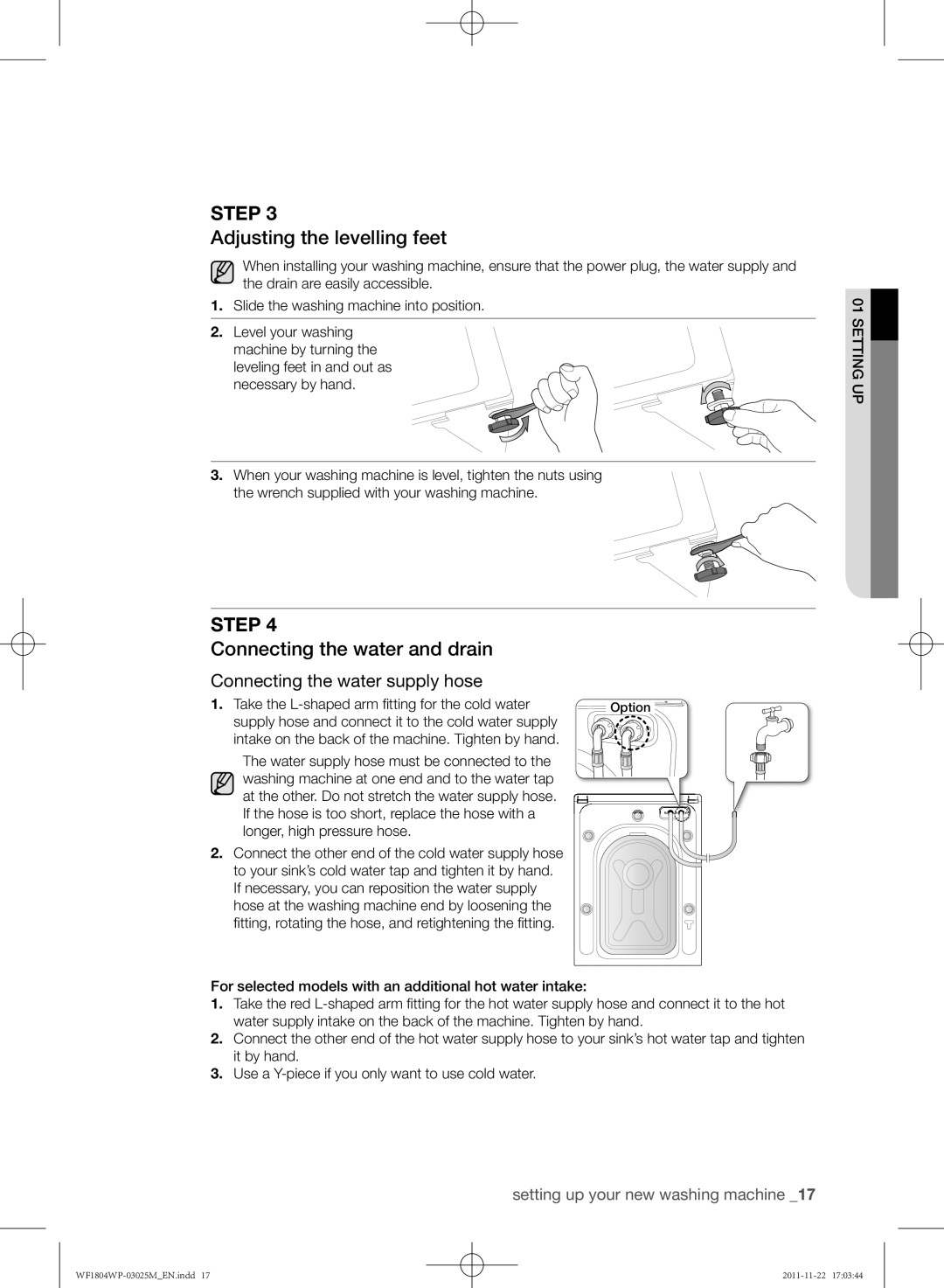 Samsung WF1804WPU/YL, WF1702WPU/YL manual Adjusting the levelling feet, Connecting the water and drain 