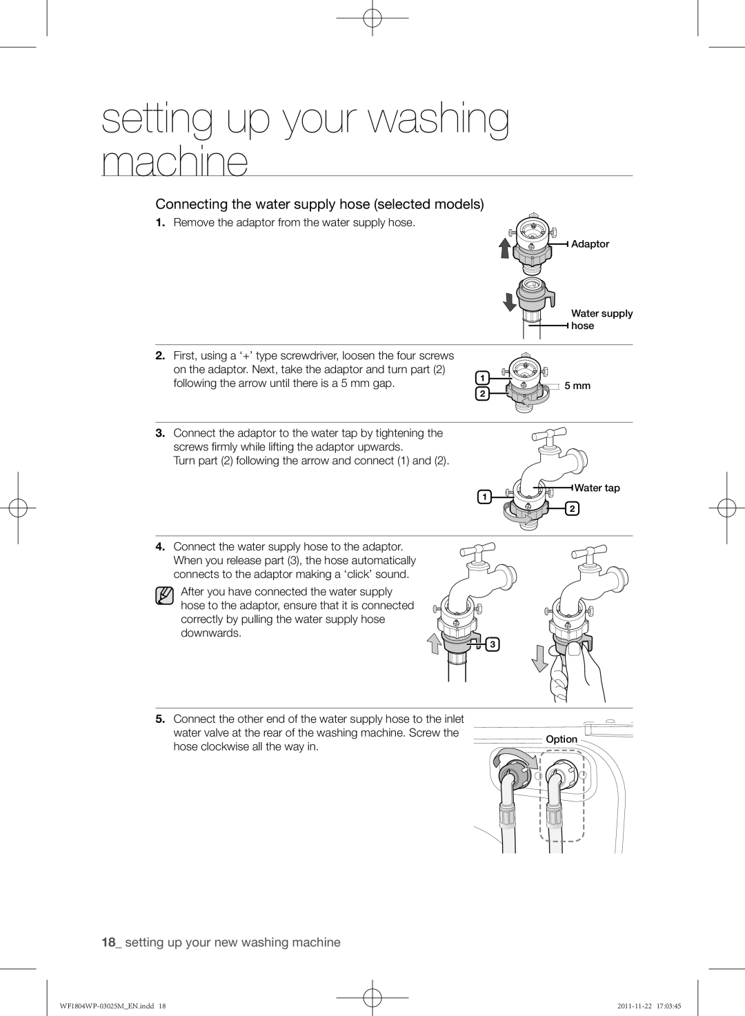 Samsung WF1702WPU/YL, WF1804WPU/YL manual Remove the adaptor from the water supply hose, Hose clockwise all the way 