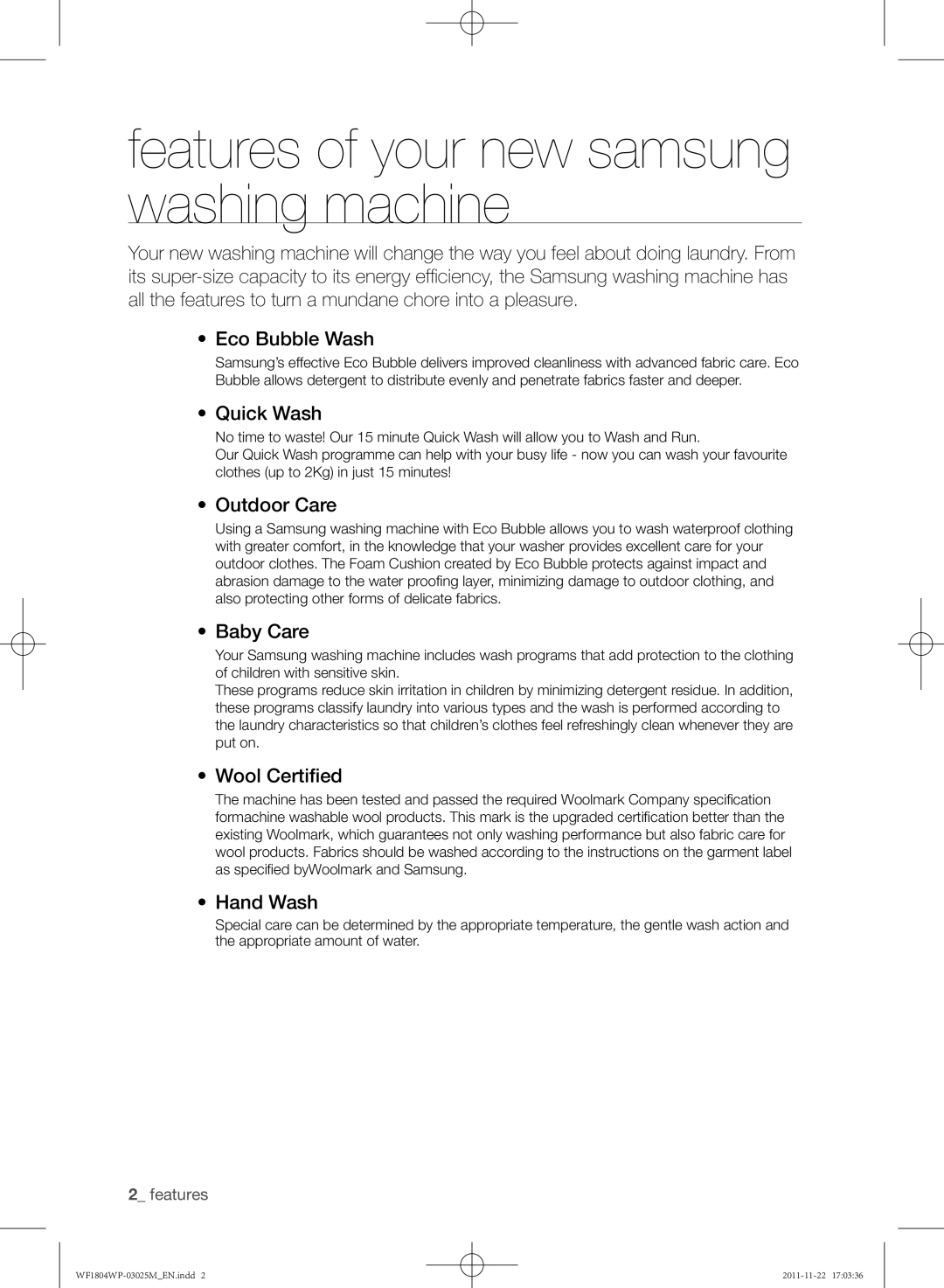 Samsung WF1702WPU/YL, WF1804WPU/YL manual Features of your new samsung washing machine 