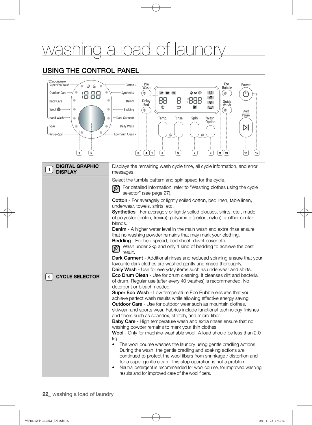 Samsung WF1702WPU/YL, WF1804WPU/YL manual Using the control panel, Messages 