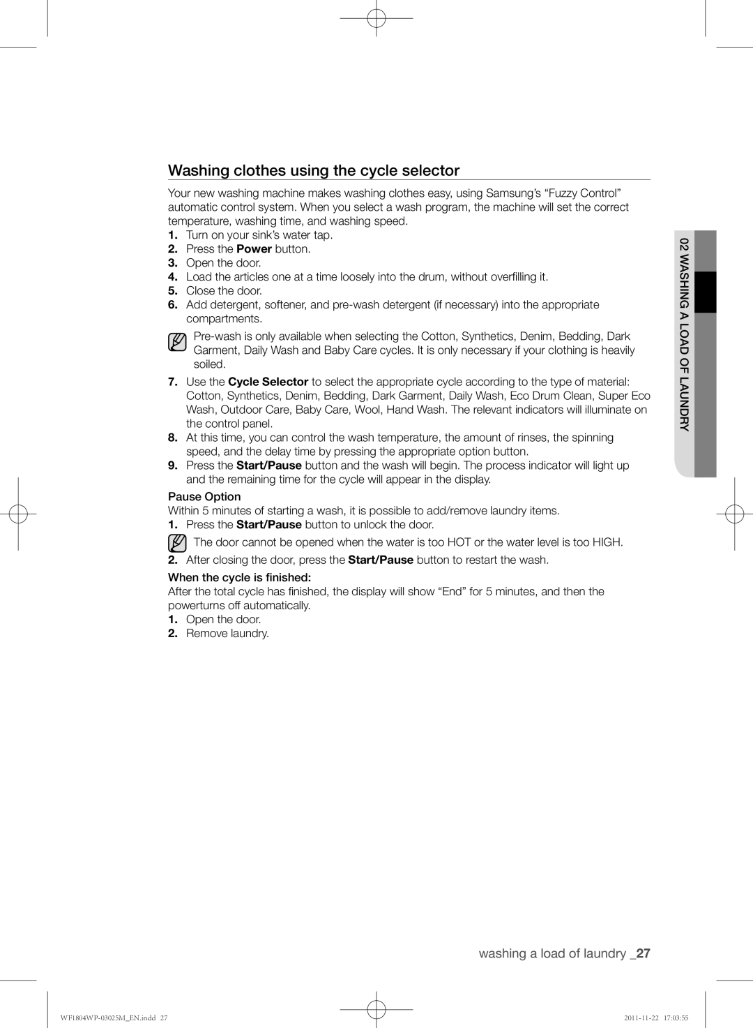 Samsung WF1804WPU/YL, WF1702WPU/YL manual Washing clothes using the cycle selector 