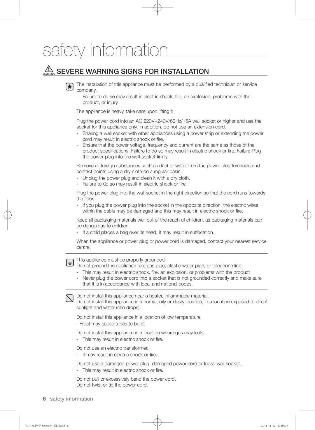 Samsung WF1702WPU/YL, WF1804WPU/YL manual Safety information 