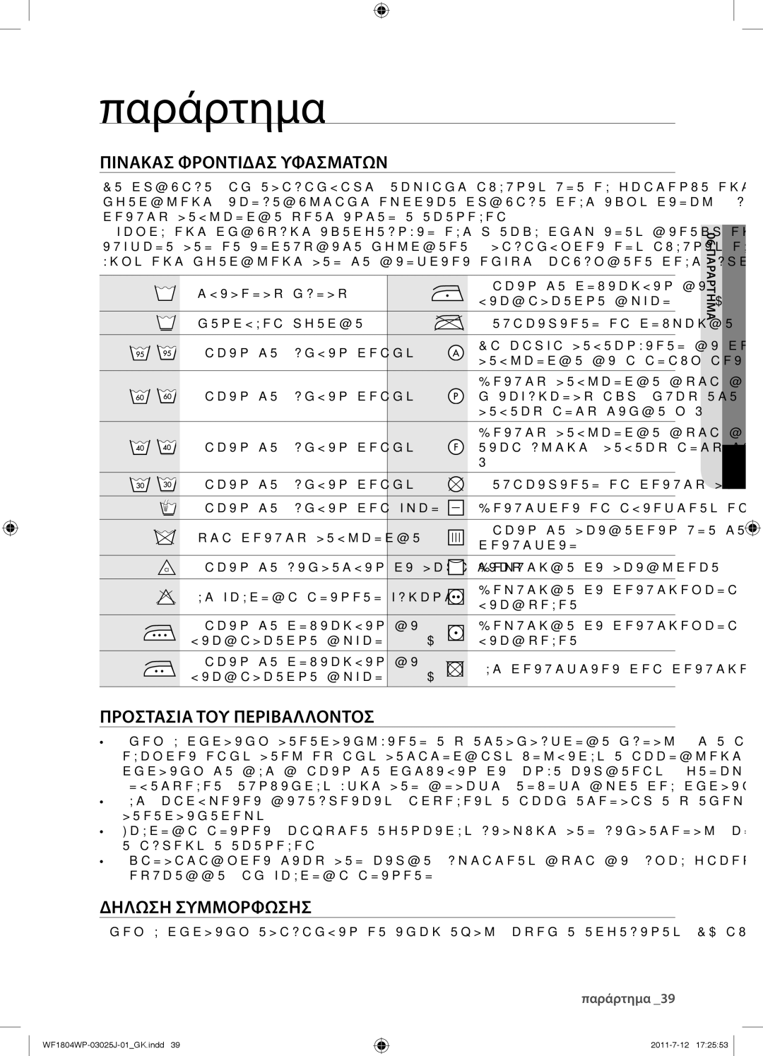 Samsung WF1702WPV/YLV manual Παράρτημα, Πινακασ Φροντιδασ Υφασματων, Προστασια ΤΟΥ Περιβαλλοντοσ, Δηλωση Συμμορφωσησ 