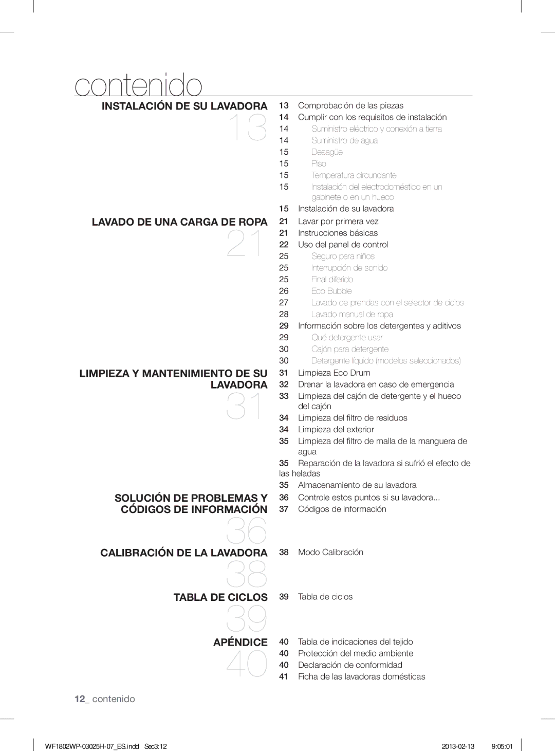 Samsung WF1802WPC2/XEC, WF1702WPW2/XEC manual Contenido, Modo Calibración, Tabla de ciclos, Declaración de conformidad 