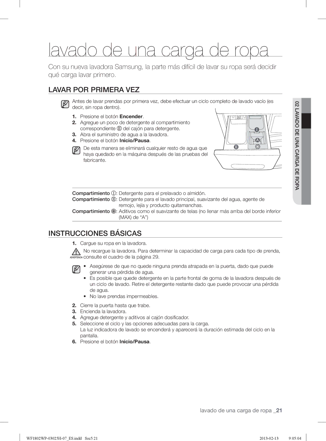 Samsung WF1702WPW/XEC, WF1702WPW2/XEC manual Lavado de una carga de ropa, Lavar POR Primera VEZ, Instrucciones Básicas 