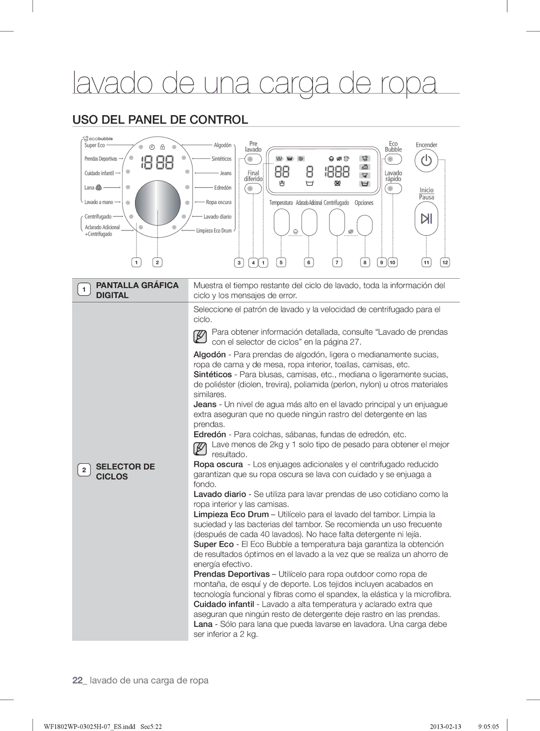 Samsung WF1802WPC2/XEC, WF1702WPW2/XEC, WF1702WPW/XEC, WF1802WPC/XEC USO DEL Panel DE Control, Digital, Selector DE, Ciclos 