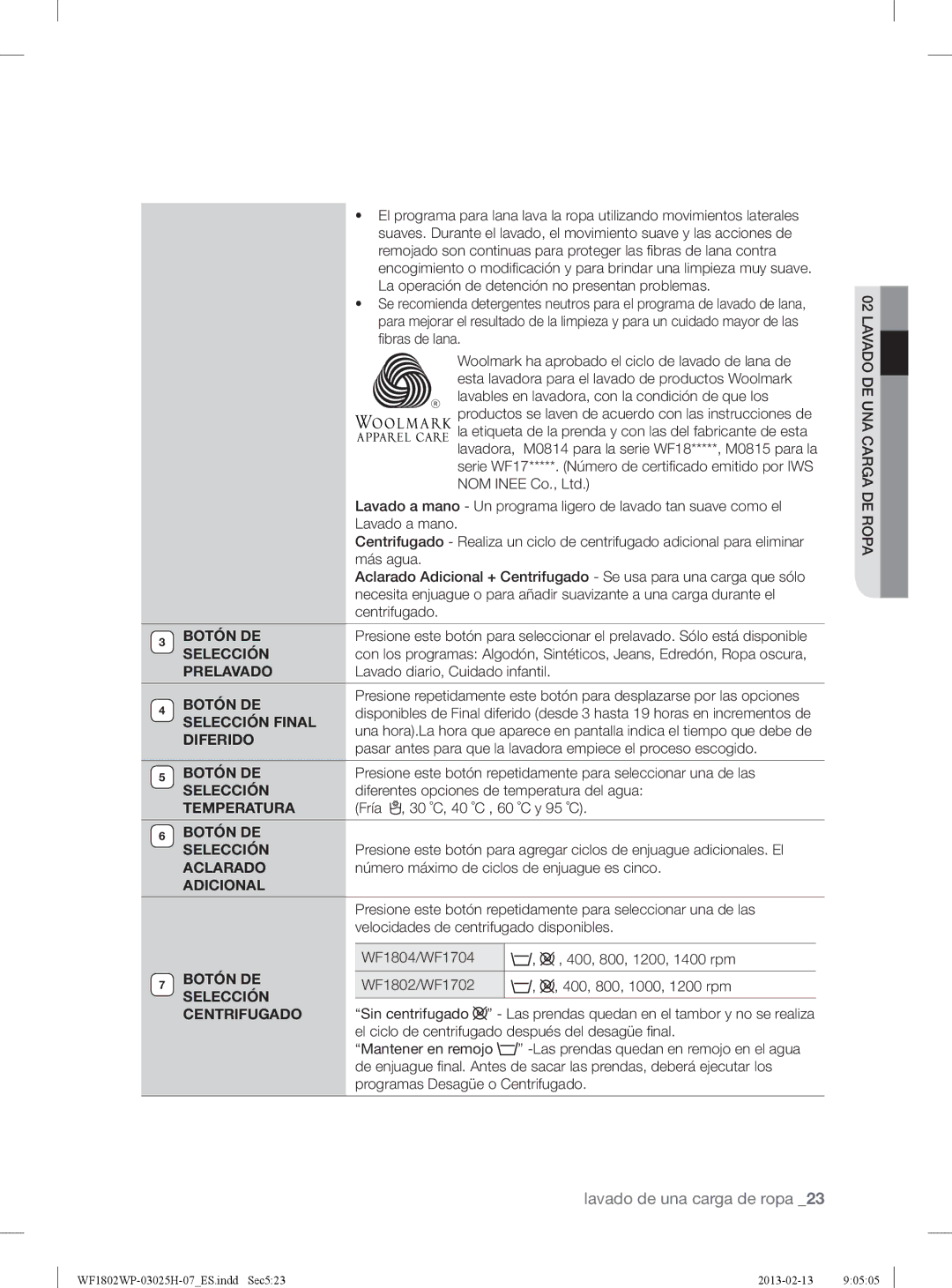 Samsung WF1802WPC/XEC Prelavado, Selección Final, Diferido, Temperatura, Botón DE Selección, Aclarado, Adicional 