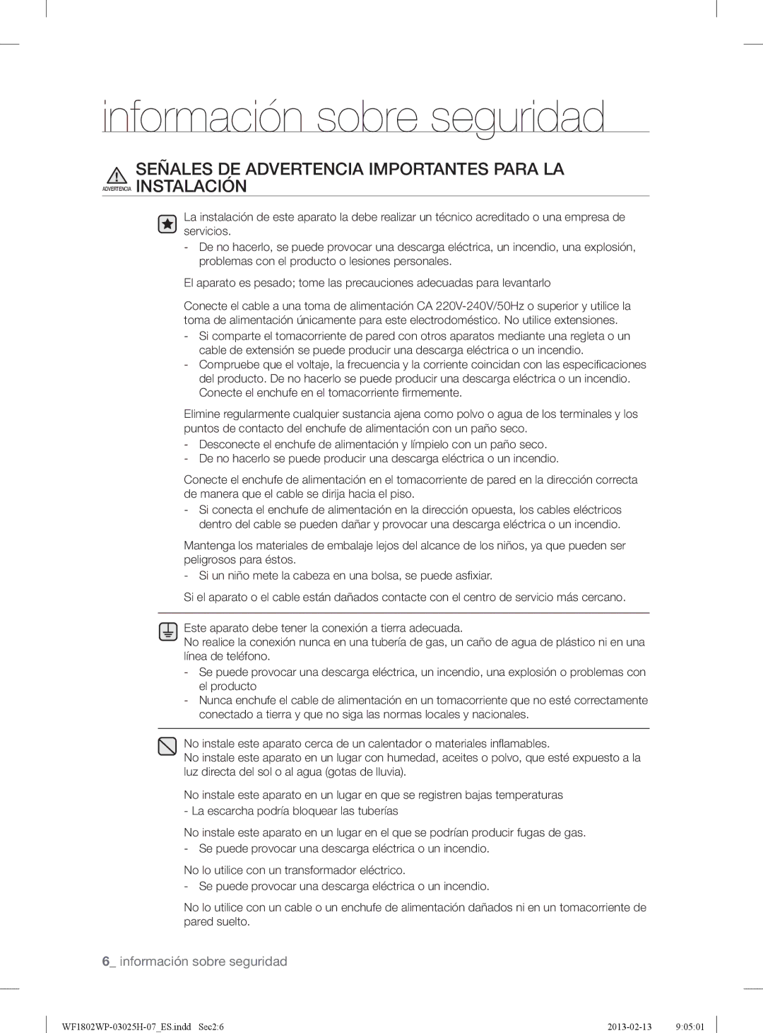 Samsung WF1702WPW/XEC, WF1702WPW2/XEC, WF1802WPC2/XEC, WF1802WPC/XEC manual Señales DE Advertencia Importantes Para LA 