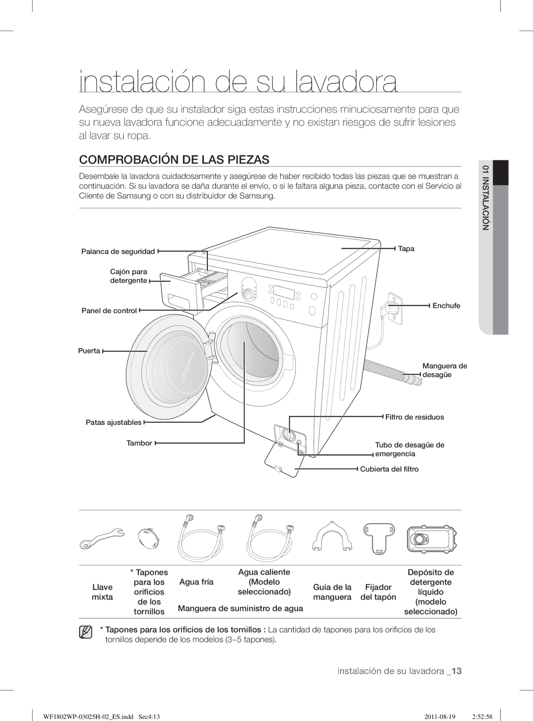 Samsung WF1802LSW2/XEC, WF1702WPW2/XEC, WF1802WPC2/XEC manual Instalación de su lavadora, Comprobación DE LAS Piezas 