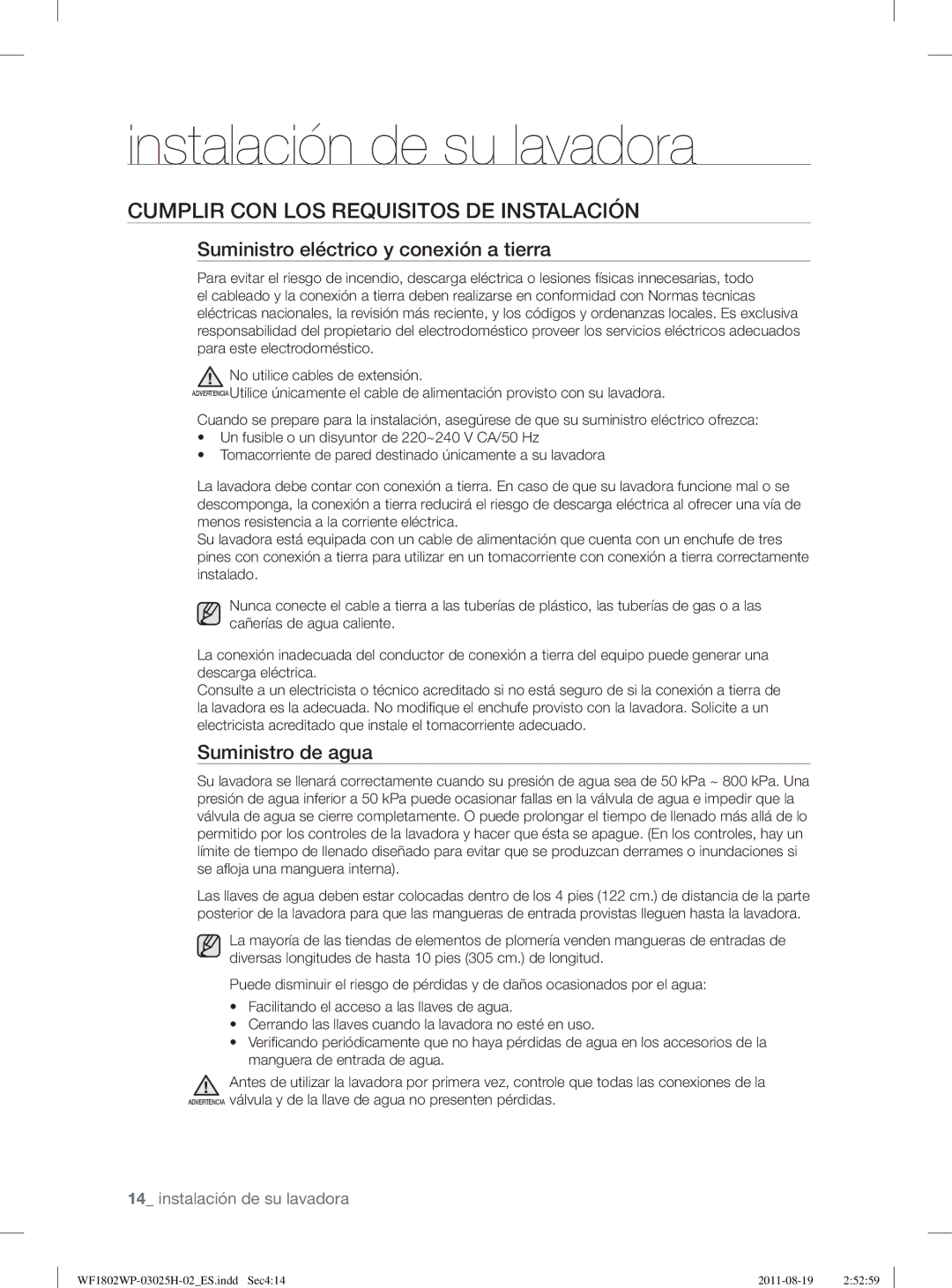 Samsung WF1802WPC2/XEC, WF1702WPW2/XEC Cumplir CON LOS Requisitos DE Instalación, Suministro eléctrico y conexión a tierra 