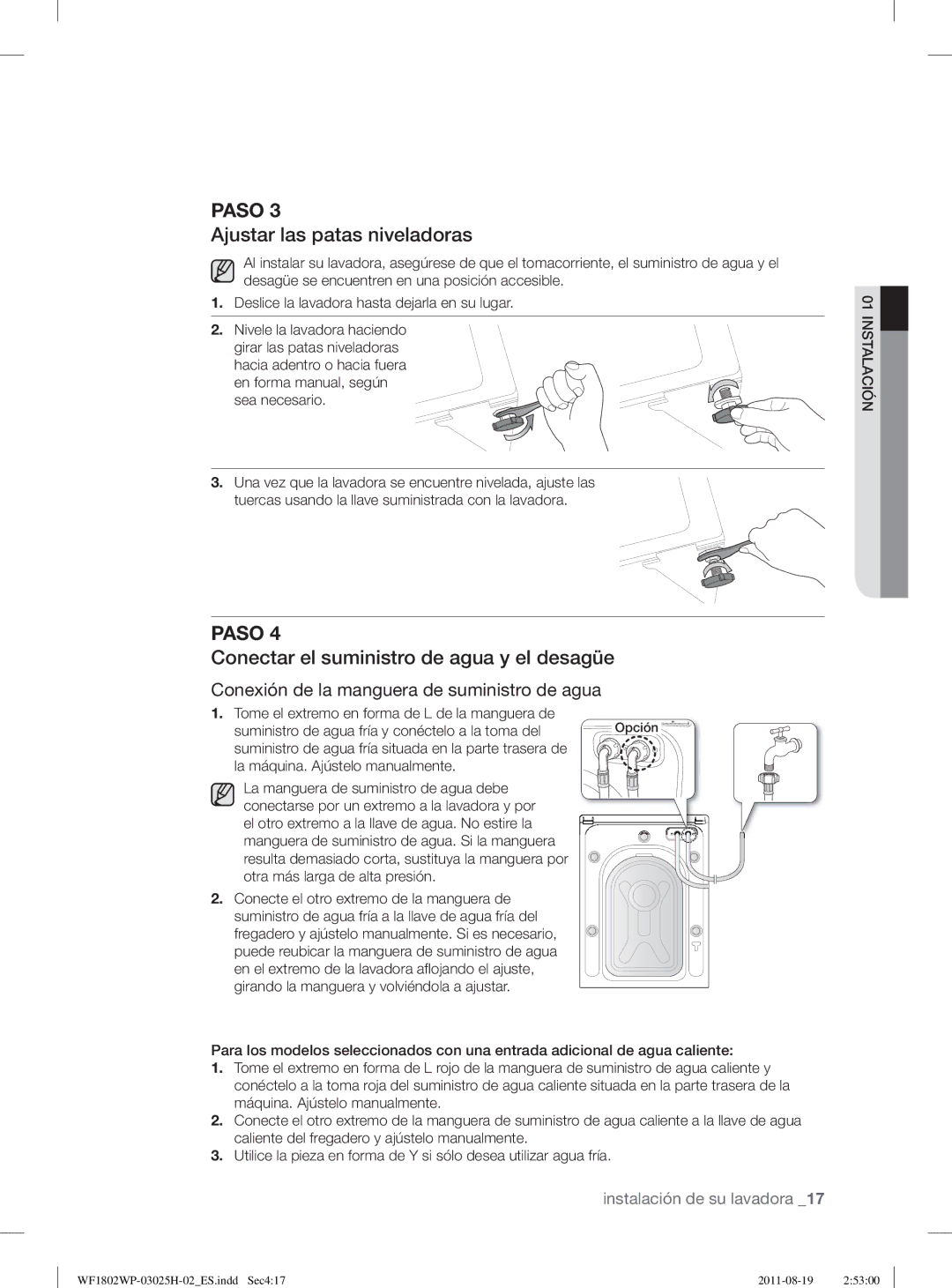 Samsung WF1802LSW2/XEC, WF1702WPW2/XEC manual Ajustar las patas niveladoras, Conectar el suministro de agua y el desagüe 