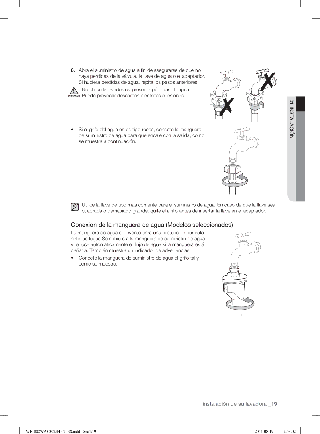 Samsung WF1802WPC2/XEP, WF1702WPW2/XEC, WF1802LSW2/XEC, WF1802WPC2/XEC Conexión de la manguera de agua Modelos seleccionados 