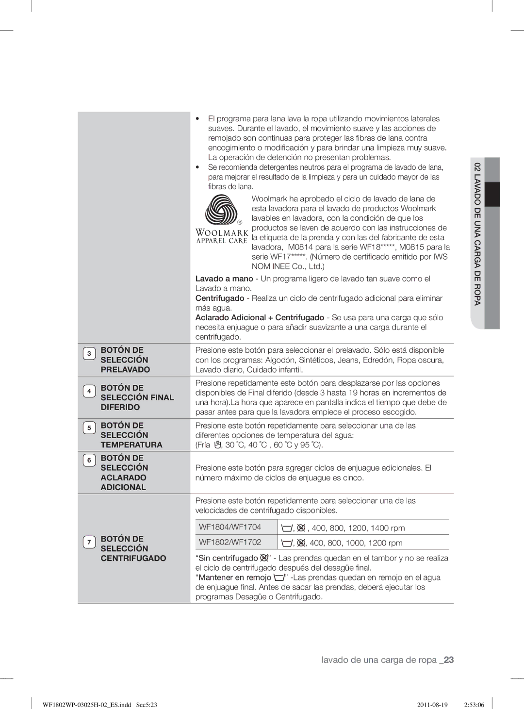 Samsung WF1802WPC2/XEP Prelavado, Selección Final, Diferido, Temperatura, Botón DE Selección, Aclarado, Adicional 