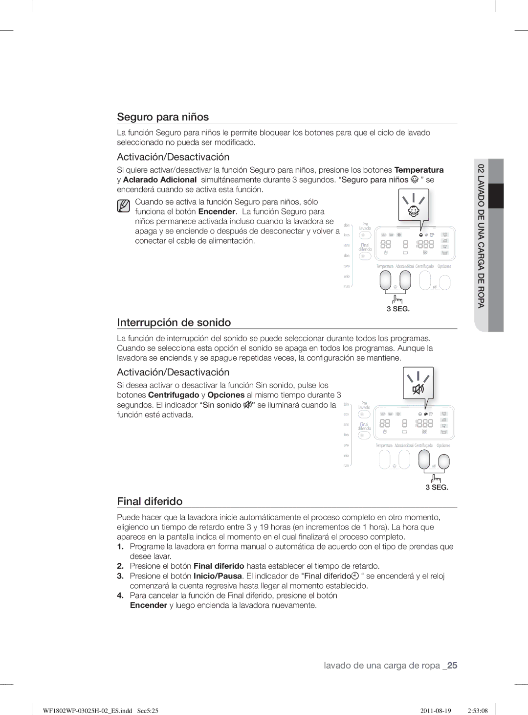 Samsung WF1802LSW2/XEC, WF1702WPW2/XEC, WF1802WPC2/XEC, WF1802WPC2/XEP manual Interrupción de sonido, Activación/Desactivación 