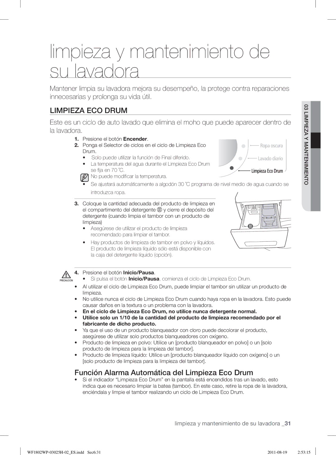 Samsung WF1802WPC2/XEP, WF1702WPW2/XEC, WF1802LSW2/XEC manual Limpieza y mantenimiento de su lavadora, Limpieza ECO Drum 