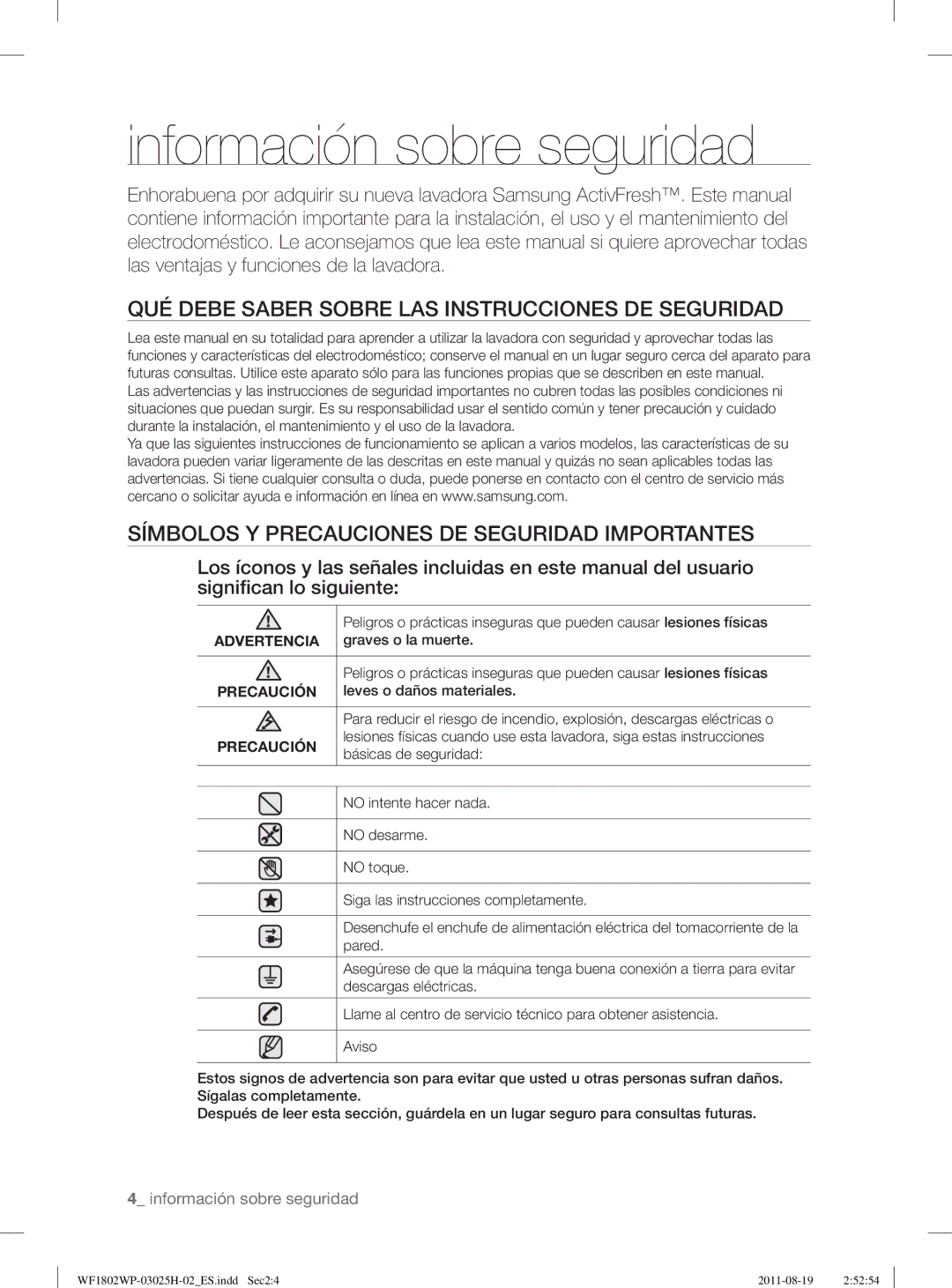 Samsung WF1702WPW2/XEC manual Información sobre seguridad, QUÉ Debe Saber Sobre LAS Instrucciones DE Seguridad, Advertencia 