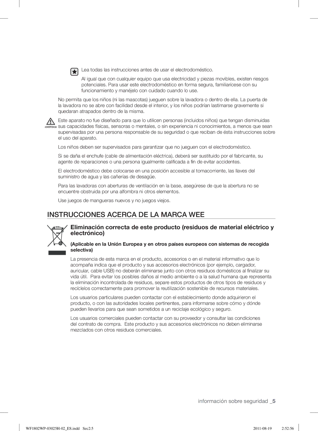 Samsung WF1802LSW2/XEC, WF1702WPW2/XEC, WF1802WPC2/XEC, WF1802WPC2/XEP manual Instrucciones Acerca DE LA Marca WEE 