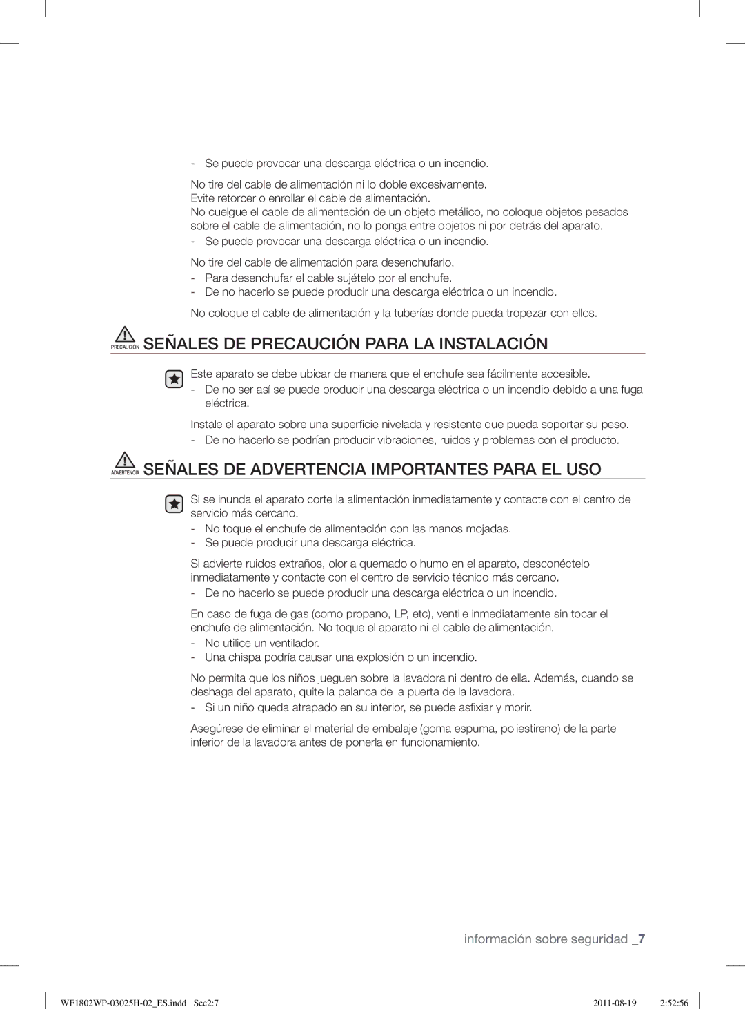 Samsung WF1802WPC2/XEP, WF1702WPW2/XEC, WF1802LSW2/XEC, WF1802WPC2/XEC Precaución Señales DE Precaución Para LA Instalación 