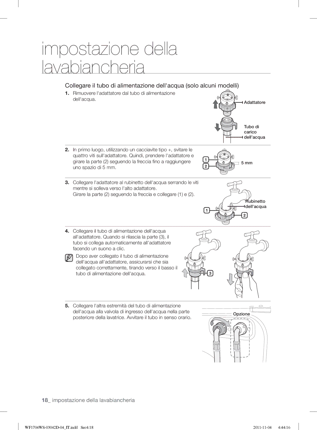 Samsung WF1702WSV2/XET manual Rimuovere ladattatore dal tubo di alimentazione dellacqua 