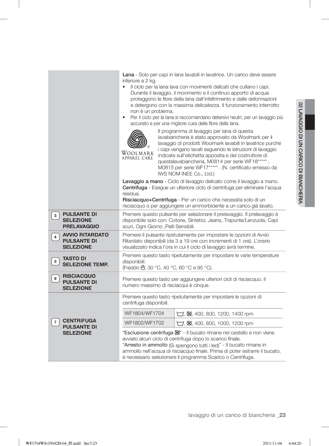 Samsung WF1702WSV2/XET manual Pulsante DI, Prelavaggio, Tasto DI, Selezione Temp, Risciacquo 