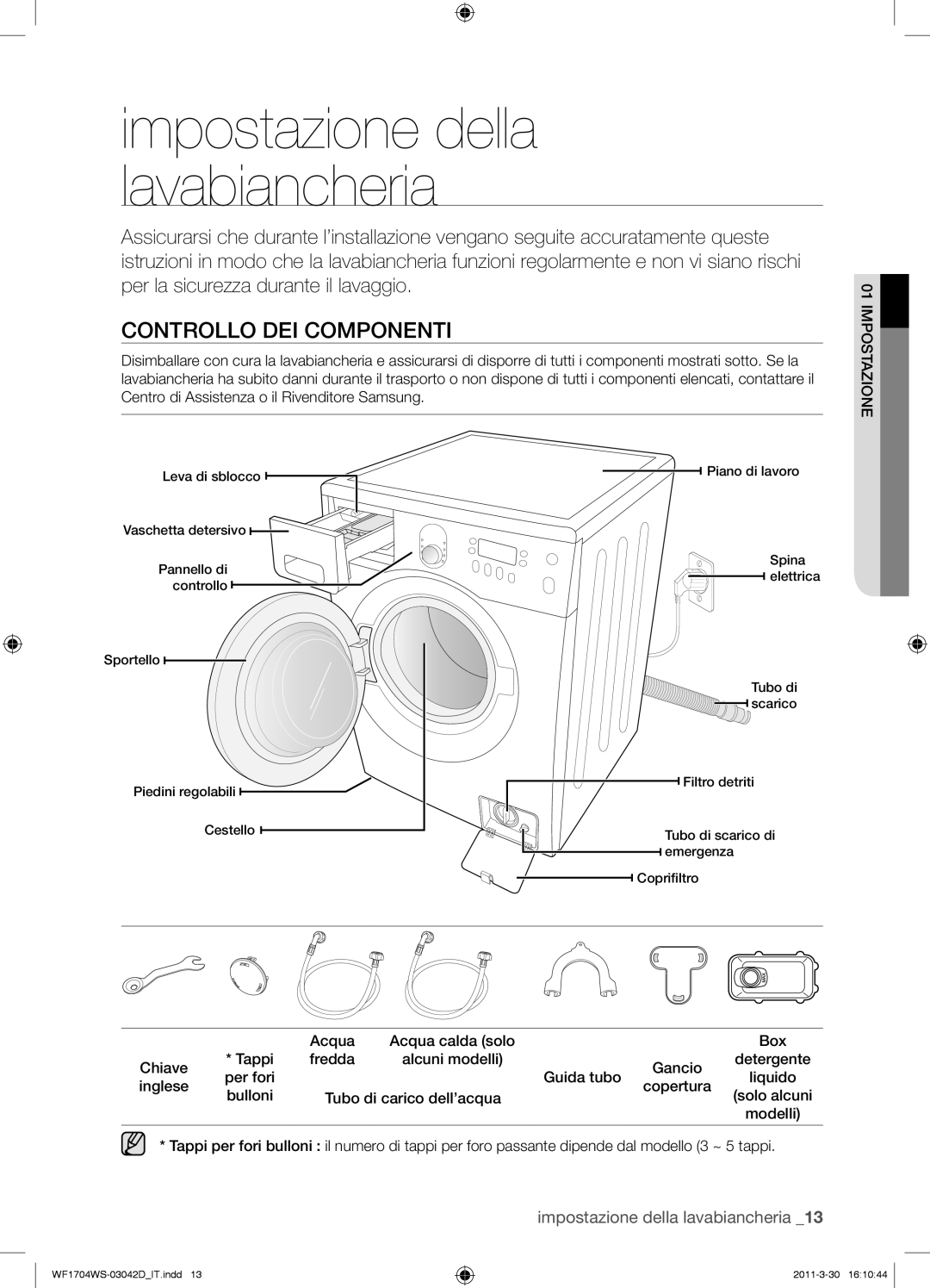 Samsung WF1702WSV/XET manual Controllo DEI Componenti, Acqua Acqua calda solo Box Chiave Tappi Fredda 