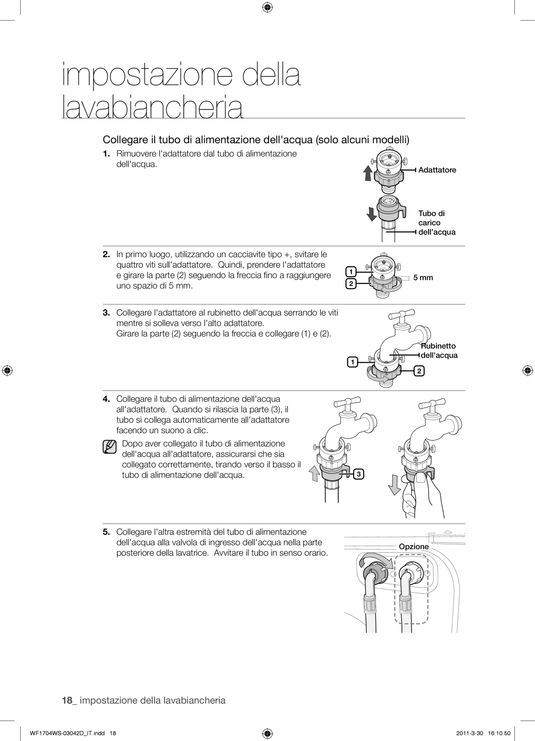 Samsung WF1702WSV/XET manual Rimuovere ladattatore dal tubo di alimentazione dellacqua 