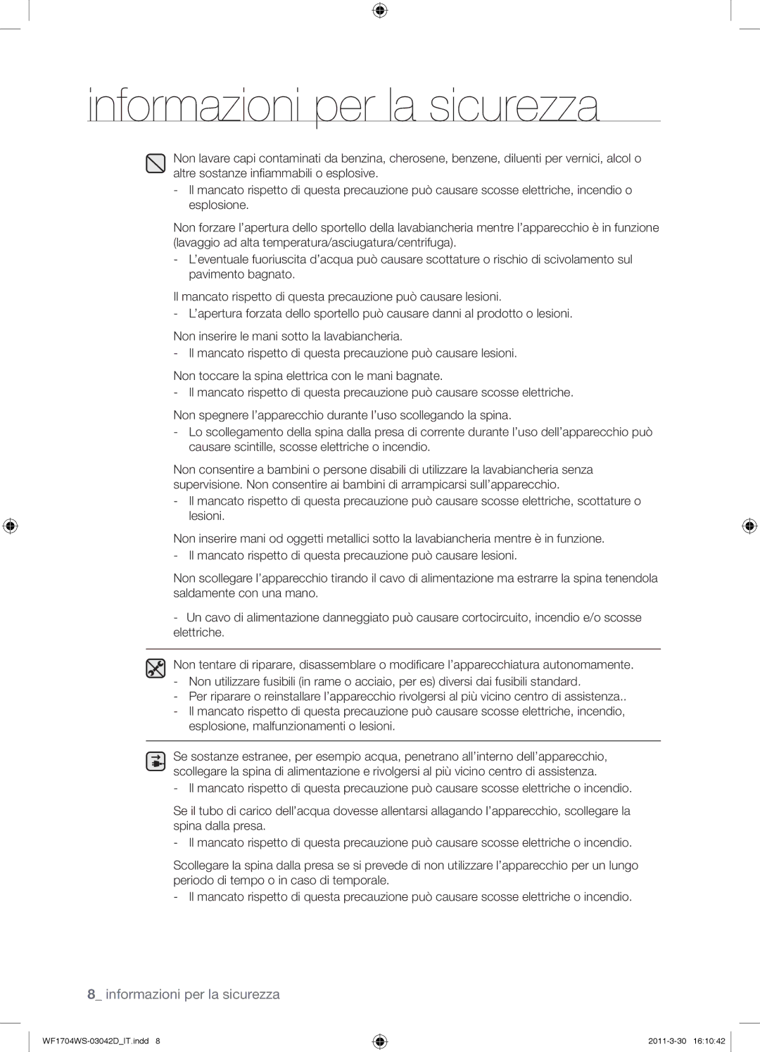 Samsung WF1702WSV/XET manual Informazioni per la sicurezza 