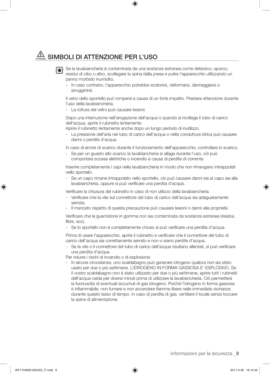 Samsung WF1702WSV/XET manual Attenzione Simboli DI Attenzione PER L’USO 