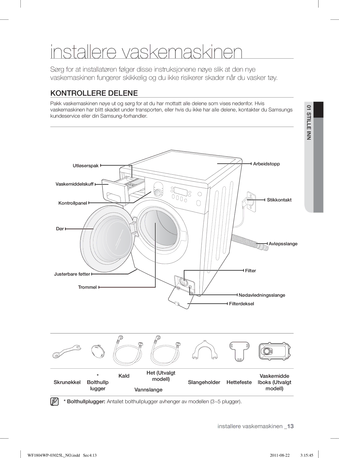 Samsung WF1702WPV2/YLV, WF1702WSW2/YLE, WF1804YPC2/XEE manual Installere vaskemaskinen, Kontrollere Delene, Kald, Vannslange 