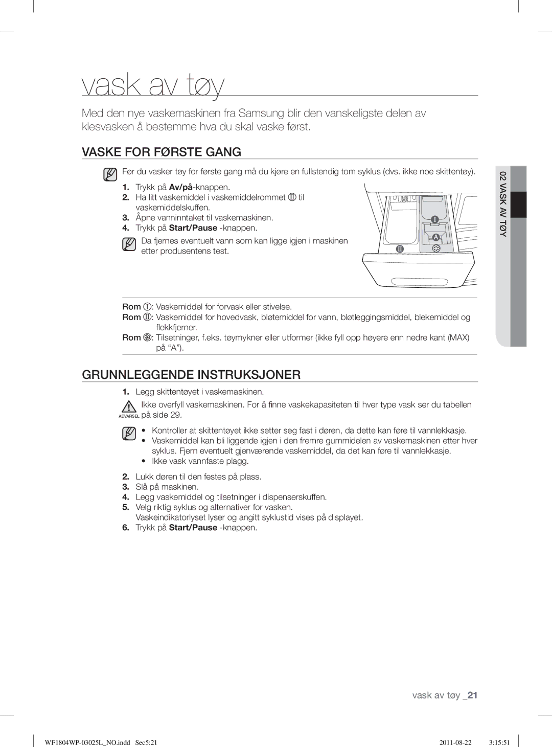 Samsung WF1804YPC2/XEE, WF1702WSW2/YLE, WF1804YPV2/XEE manual Vask av tøy, Vaske for Første Gang, Grunnleggende Instruksjoner 