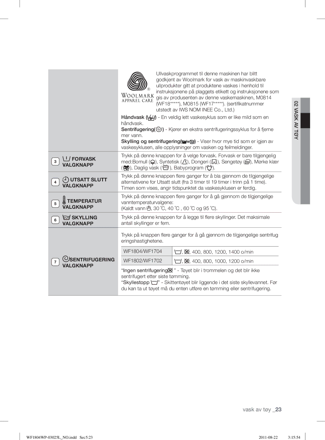 Samsung WF1704WSV2/XEE, WF1702WSW2/YLE, WF1804YPC2/XEE manual Utsatt Slutt, Temperatur, Sentrifugering Valgknapp 