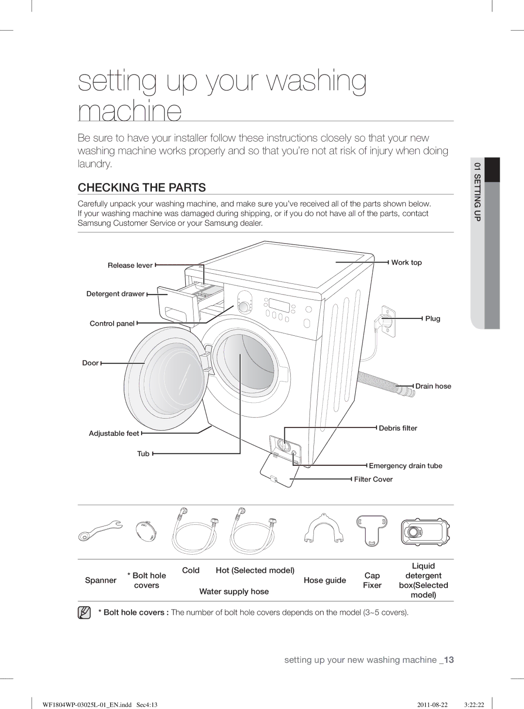 Samsung WF1804YPC2/XEE Setting up your washing machine, Checking the Parts, Cold Hot Selected model, Water supply hose 