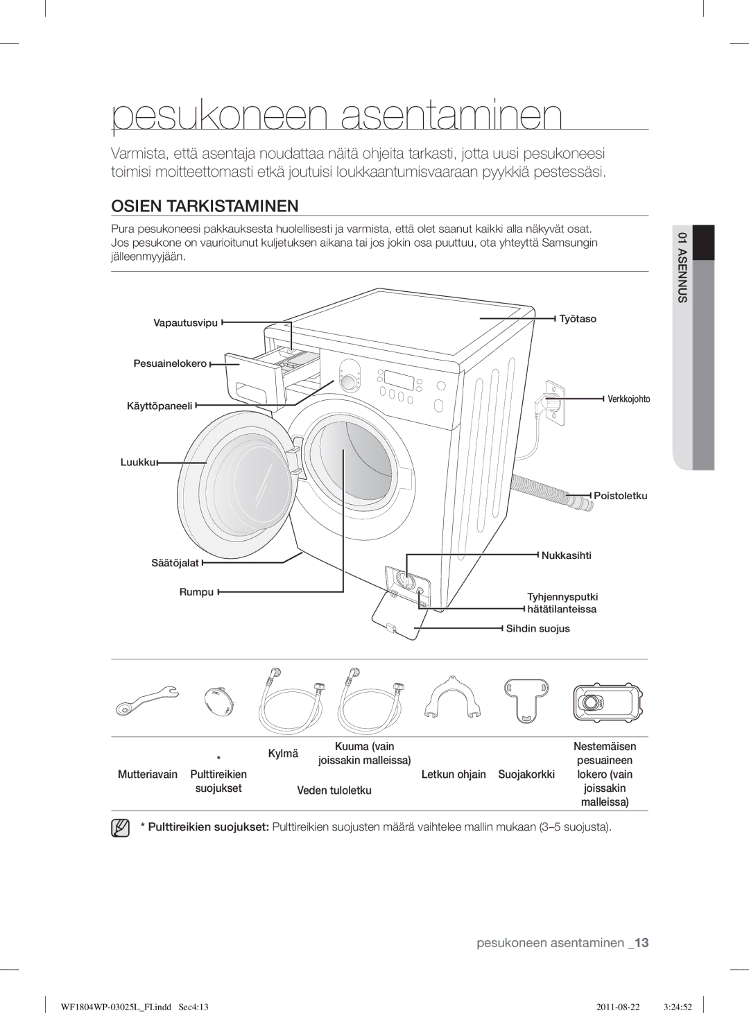 Samsung WF1804YPC2/XEE, WF1702WSW2/YLE, WF1804YPV2/XEE Pesukoneen asentaminen, Osien Tarkistaminen, Kylmä, Veden tuloletku 