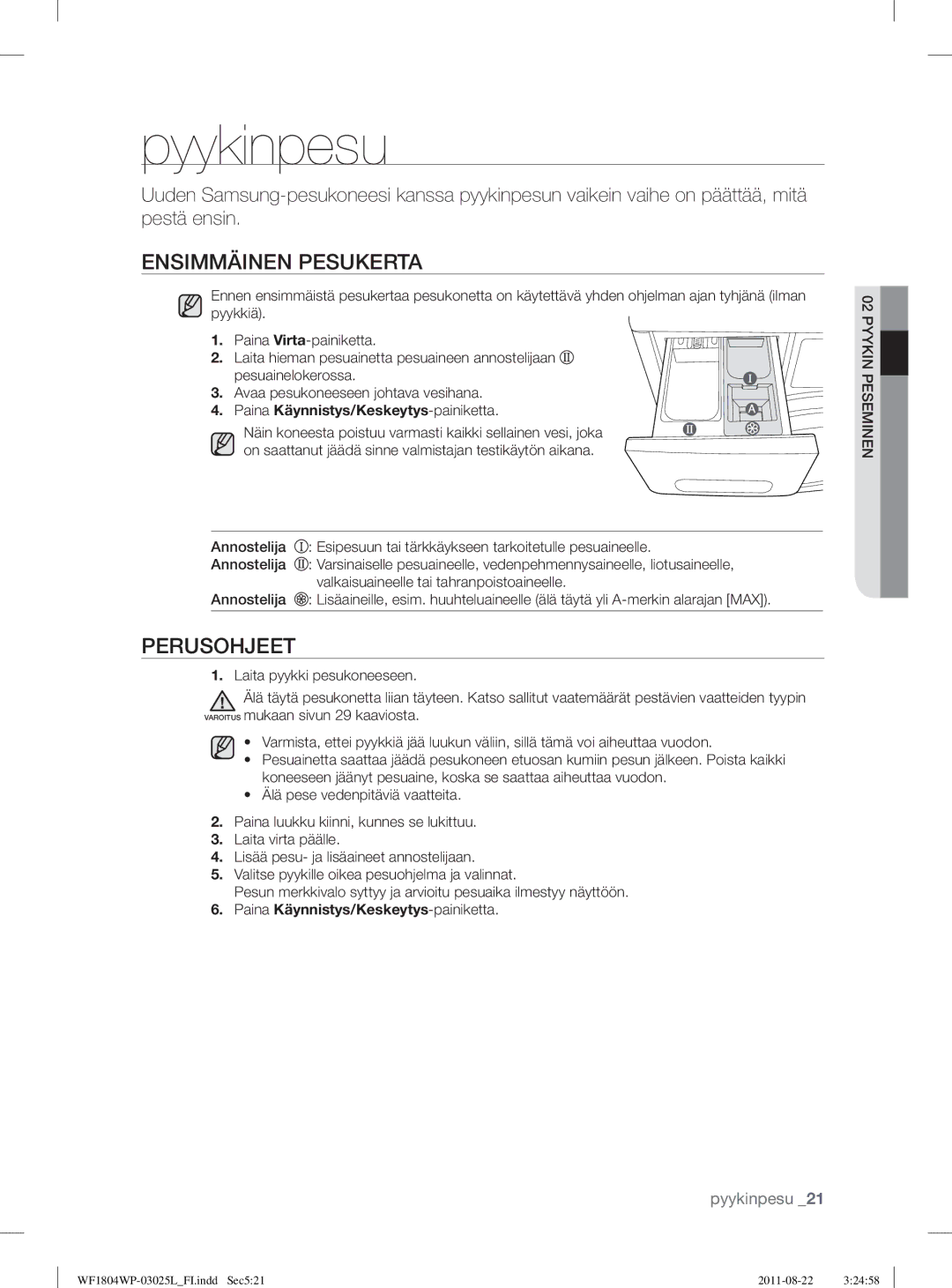 Samsung WF1704WSV2/XEE manual Pyykinpesu, Ensimmäinen Pesukerta, Perusohjeet, Paina Käynnistys/Keskeytys-painiketta 