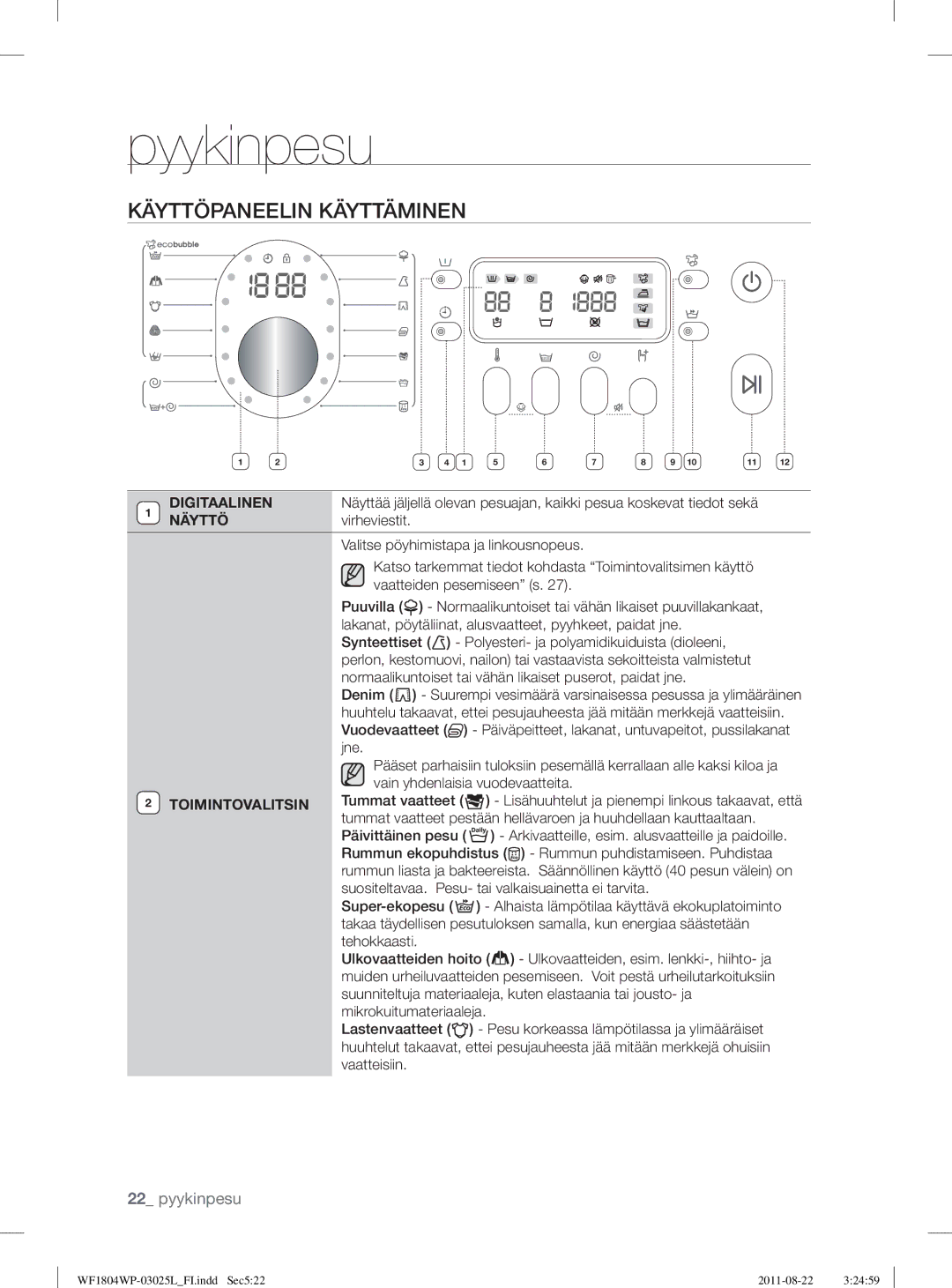 Samsung WF1804YPW2/XEE, WF1702WSW2/YLE, WF1804YPC2/XEE manual Käyttöpaneelin Käyttäminen, Digitaalinen, Näyttö, Virheviestit 