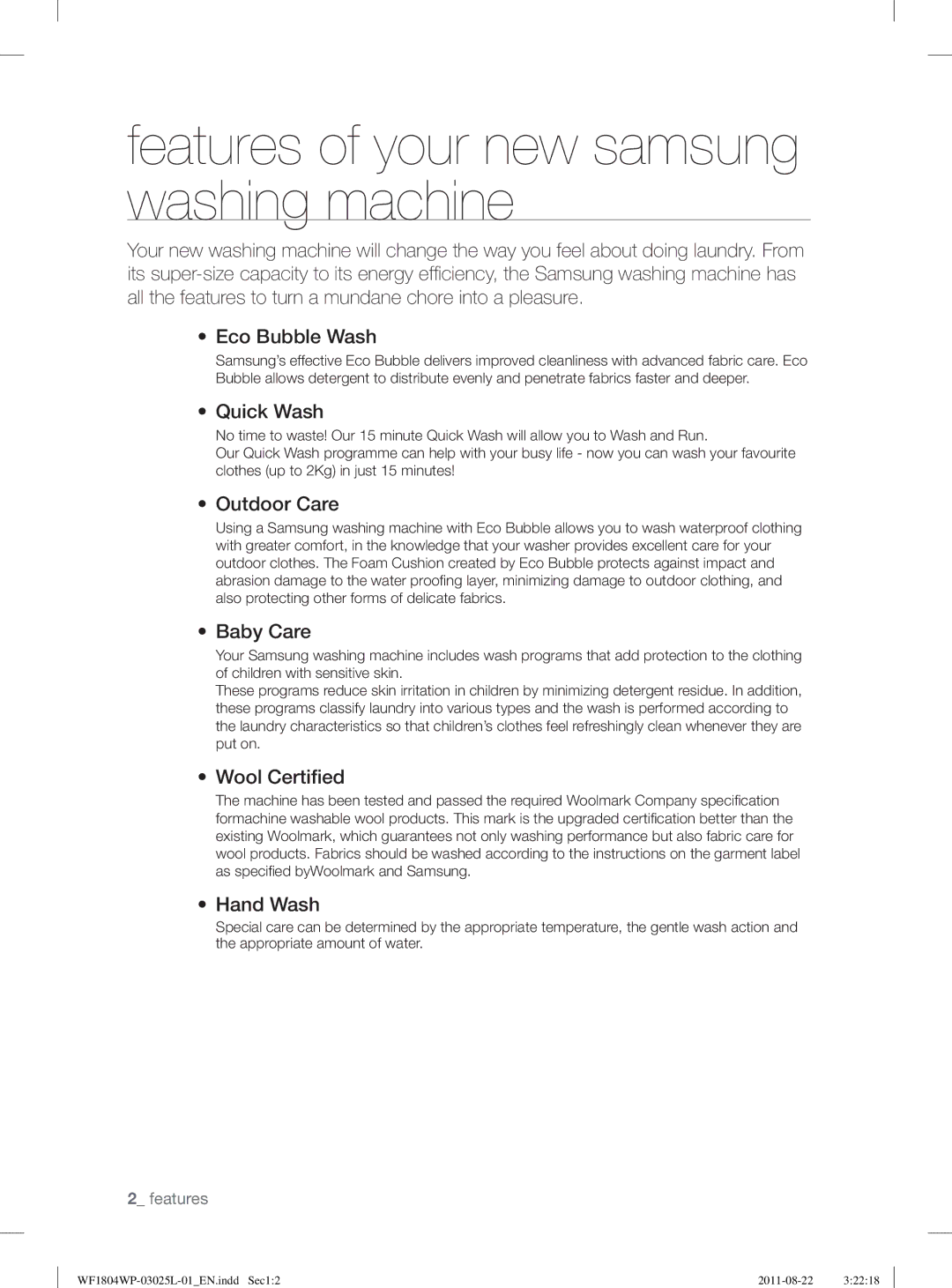 Samsung WF1804YPV2/XEE, WF1702WSW2/YLE, WF1804YPC2/XEE, WF1704WSV2/XEE manual Features of your new samsung washing machine 