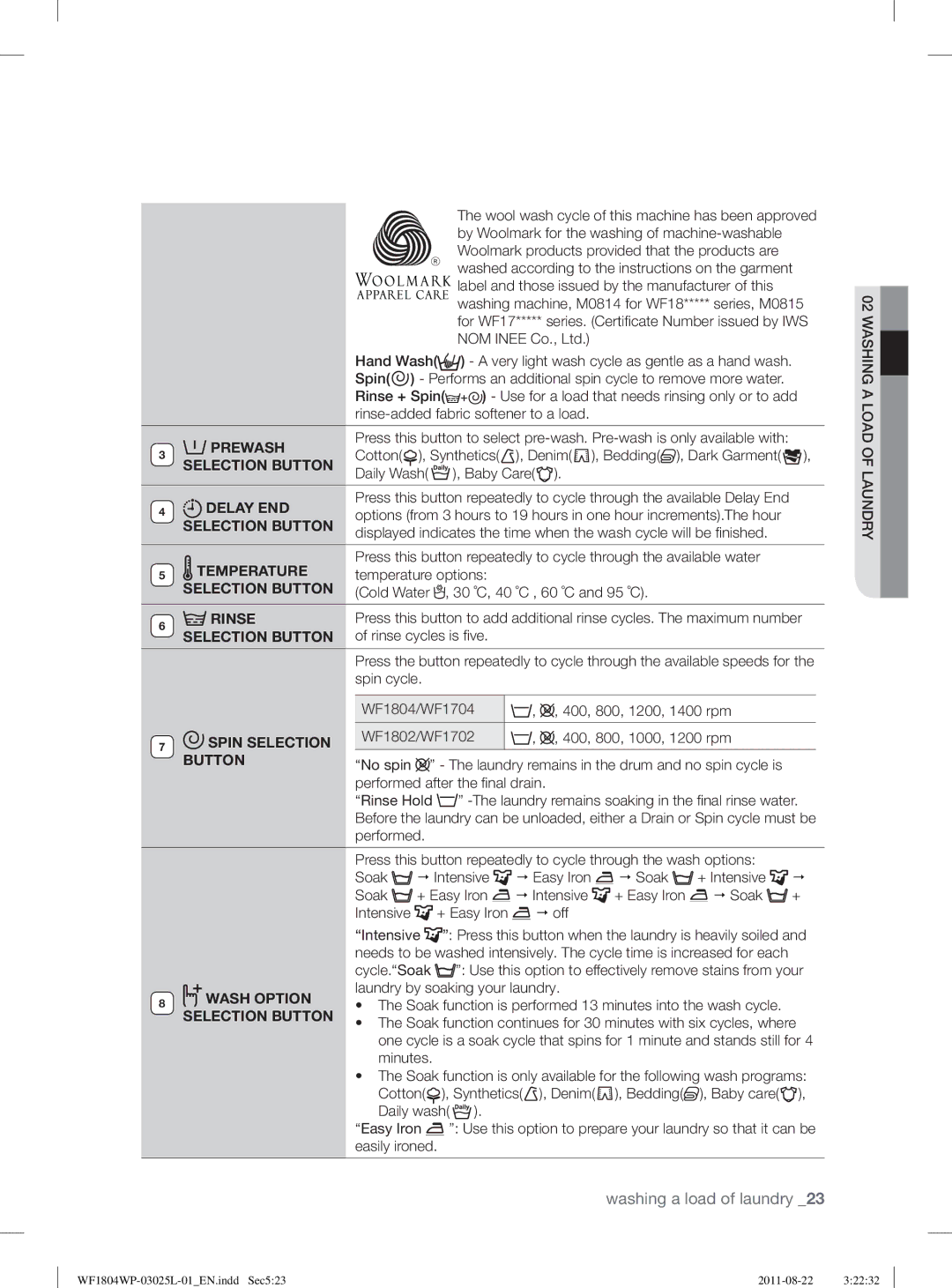 Samsung WF1702WPV2/YLV manual Prewash, Selection Button, Delay END, Temperature, Rinse, Spin Selection, Wash Option 