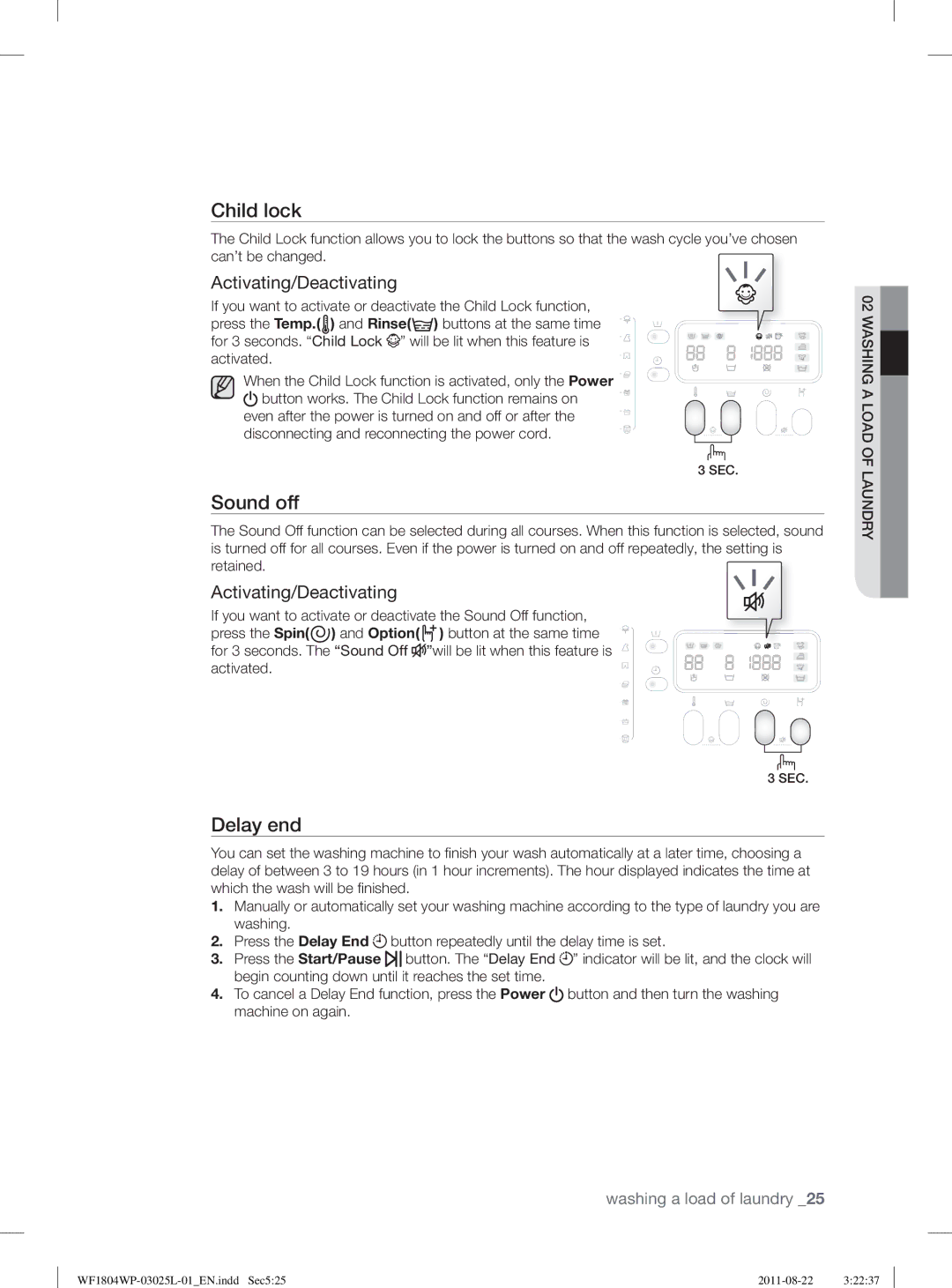 Samsung WF1804YPC2/XEE, WF1702WSW2/YLE, WF1804YPV2/XEE, WF1704WSV2/XEE, WF1804YPW2/XEE Sound off, Activating/Deactivating 