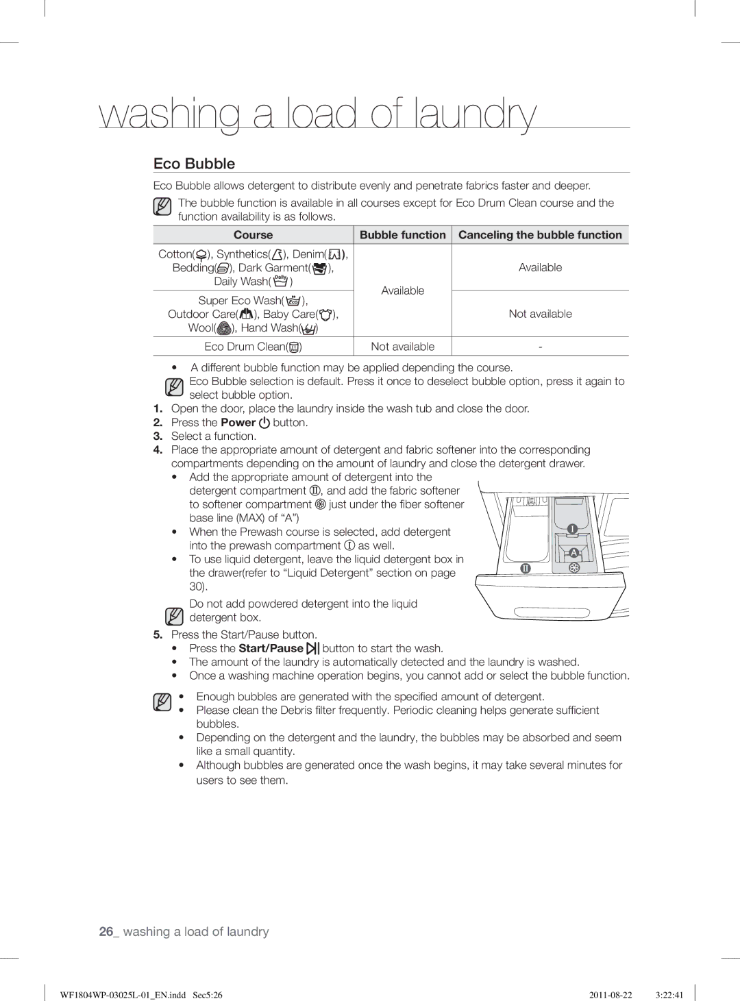 Samsung WF1804YPV2/XEE manual Eco Bubble, Course Bubble function Canceling the bubble function, Cotton , Synthetics , Denim 