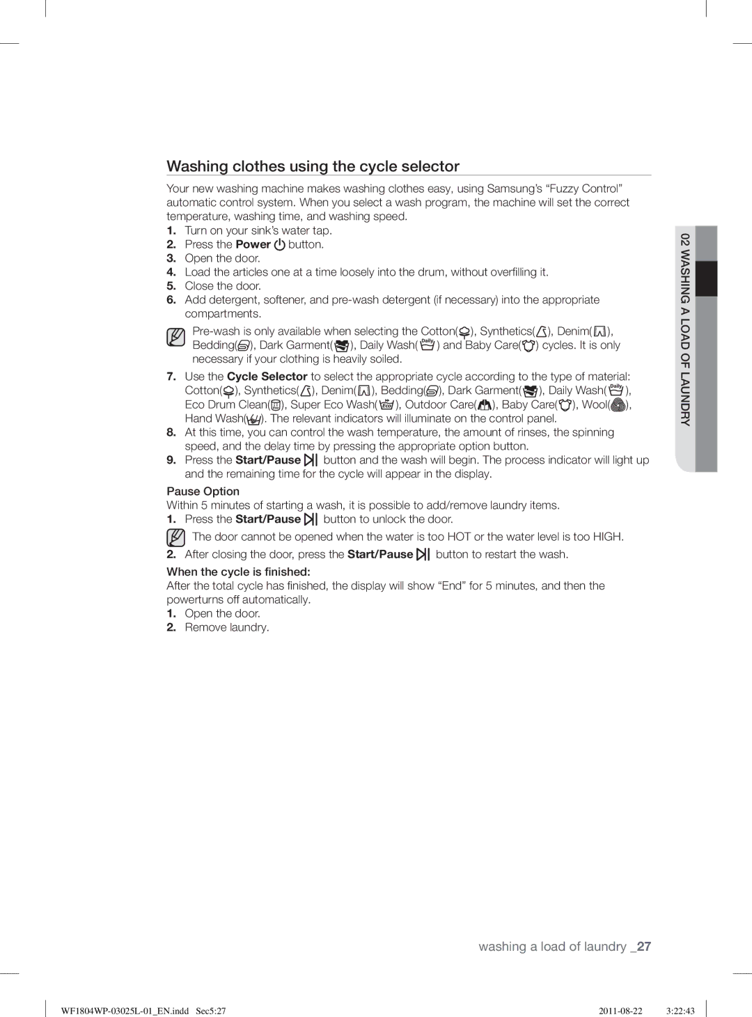 Samsung WF1704WSV2/XEE, WF1702WSW2/YLE, WF1804YPC2/XEE, WF1804YPV2/XEE manual Washing clothes using the cycle selector 