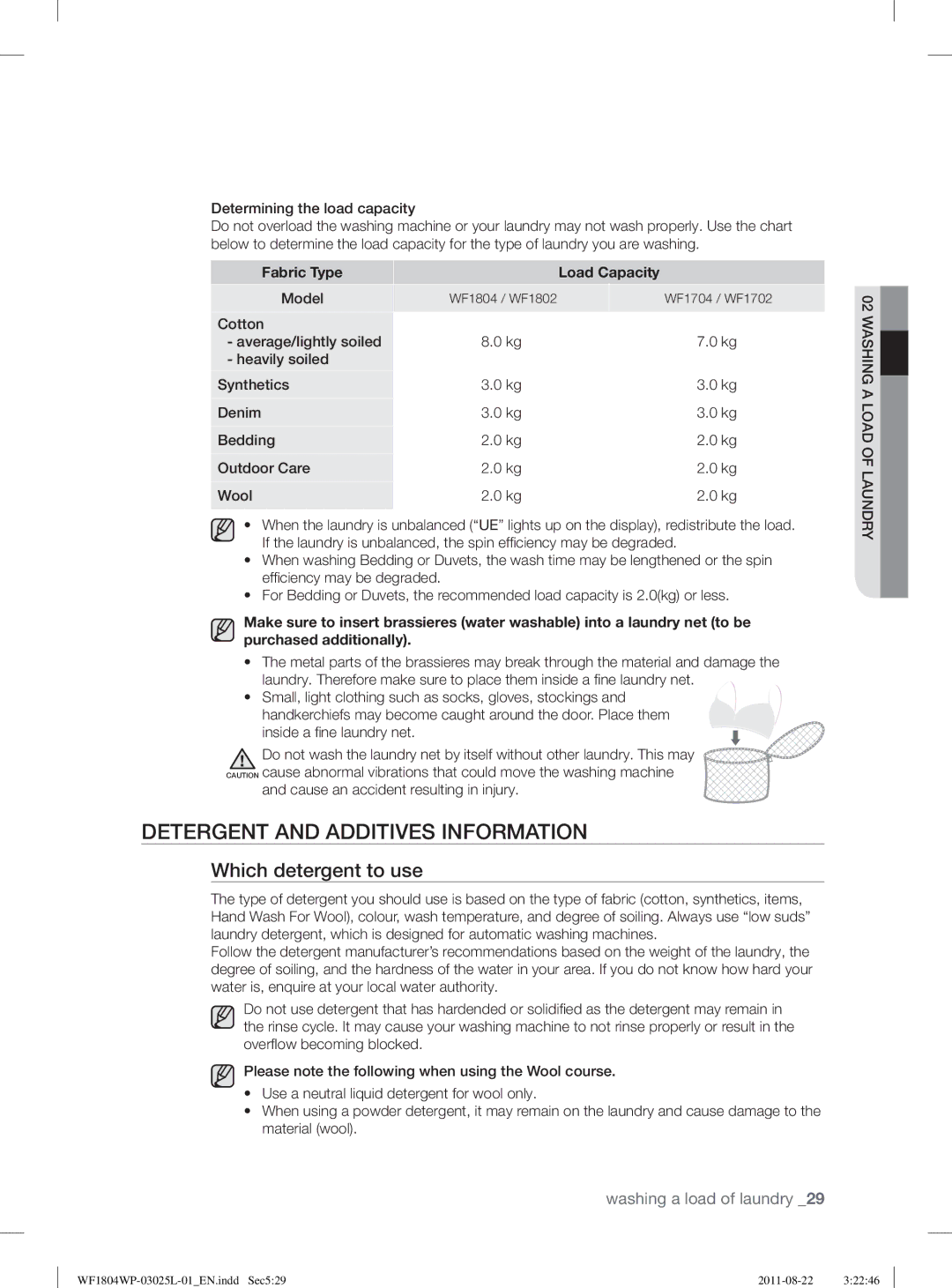 Samsung WF1702WPV2/YLV manual Detergent and Additives Information, Which detergent to use, Fabric Type Load Capacity 