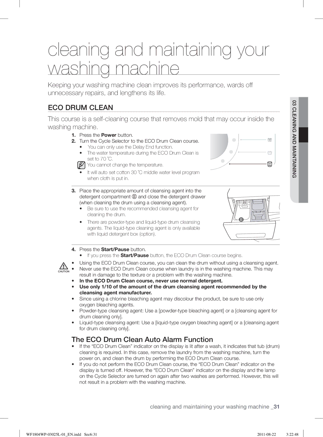 Samsung WF1804YPC2/XEE, WF1702WSW2/YLE, WF1804YPV2/XEE manual Cleaning and maintaining your washing machine, ECO Drum Clean 