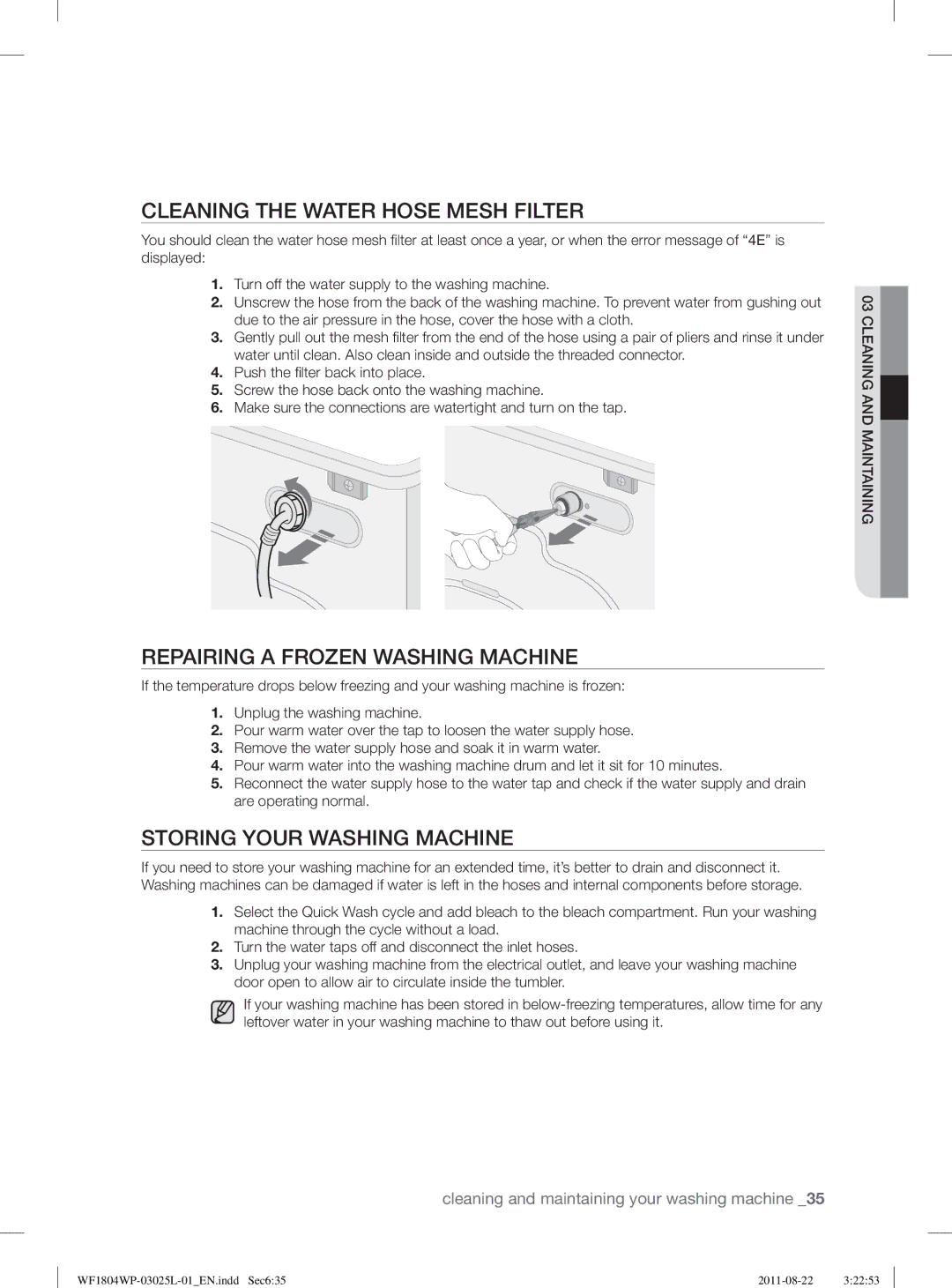 Samsung WF1702WPV2/YLV, WF1702WSW2/YLE manual Cleaning the Water Hose Mesh Filter, Repairing a Frozen Washing Machine 