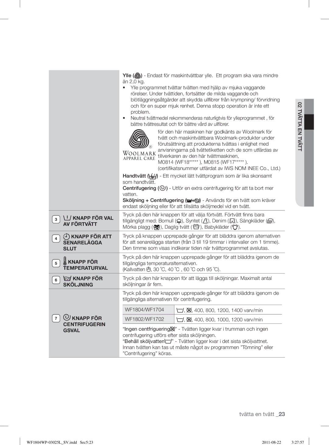 Samsung WF1804YPC2/XEE manual Knapp FÖR VAL, AV Förtvätt, Knapp FÖR ATT, Senarelägga, Slut, Temperaturval, Sköljning 