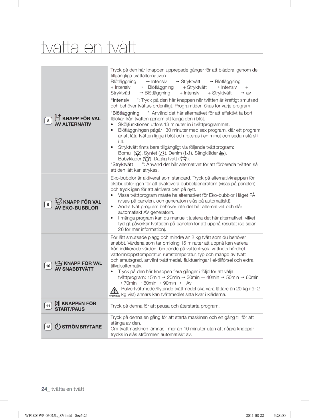 Samsung WF1804YPV2/XEE, WF1702WSW2/YLE manual AV Alternativ, Av Eko-Bubblor, AV Snabbtvätt, Knappen FÖR, Start/Paus 