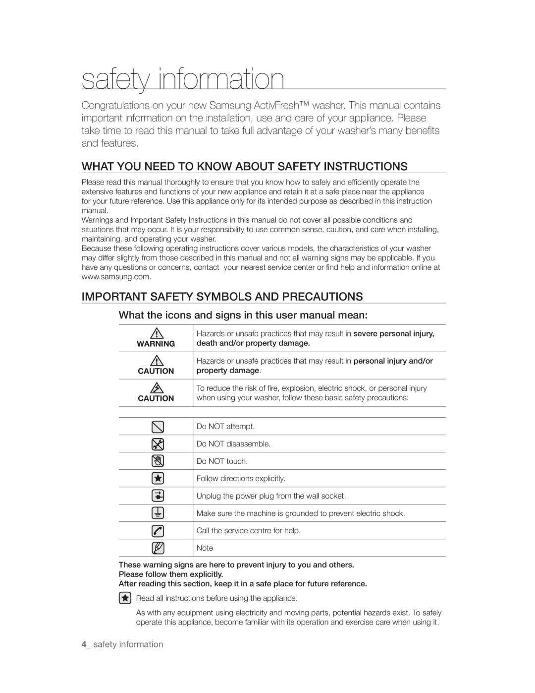 Samsung WF1702WSW2/YLE manual Safety information, KdwWkhLfrqvDqgVljqvLqWklvXvhuPdqxdoPhdq 