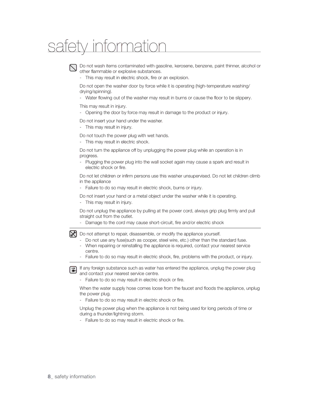 Samsung WF1702WSW2/YLE manual Safety information 