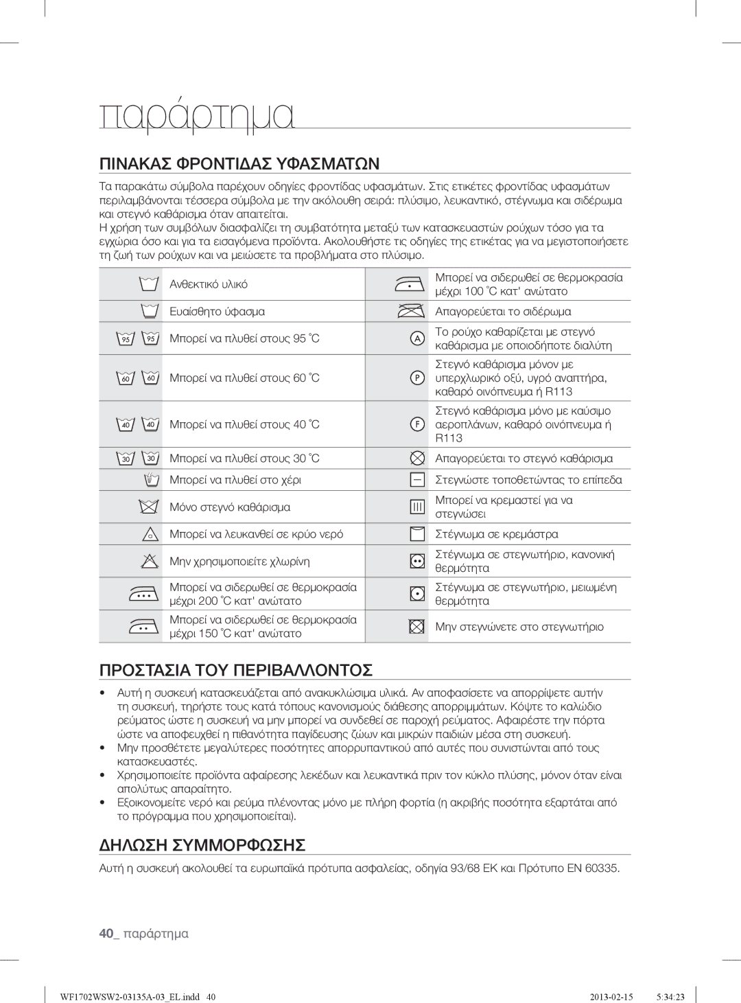 Samsung WF1702WSW2/YLV manual Παράρτημα, Πινακασ Φροντιδασ Υφασματων, Προστασια ΤΟΥ Περιβαλλοντοσ, Δηλωση Συμμορφωσησ 